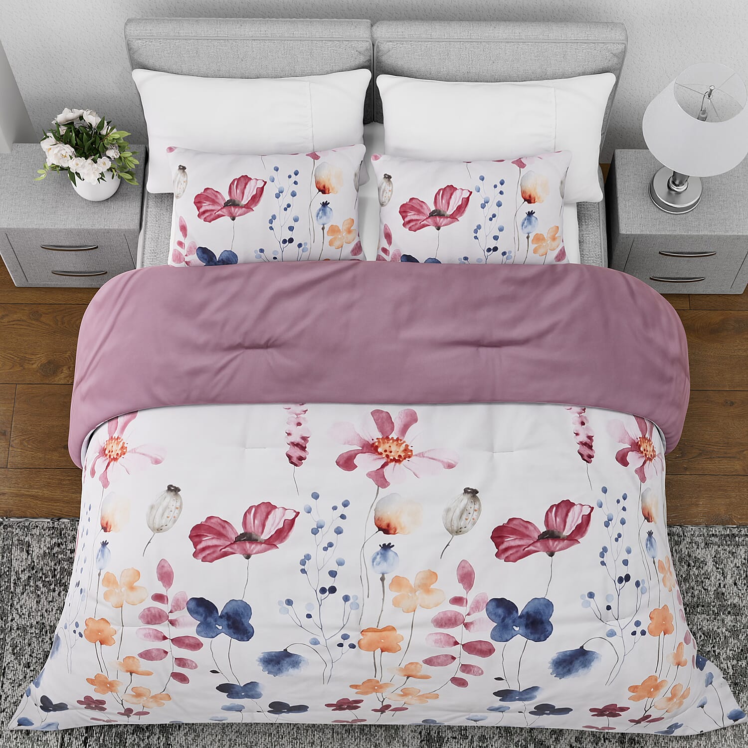 Hush Haven- Set of 3 Flower Printed Comforter Set (Size Double) - Pink