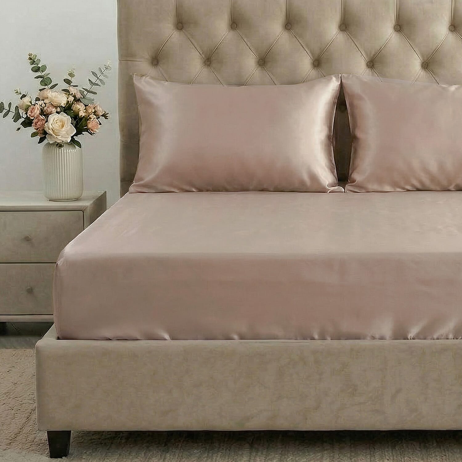 Hush Haven 4-Piece 100% Mulberry Silk Bedding Set includes - Flat Sheet, Deep Fitted Sheet - 2pc Mother of Pearl Button Pillowcases (230 x 275cm) - Grey