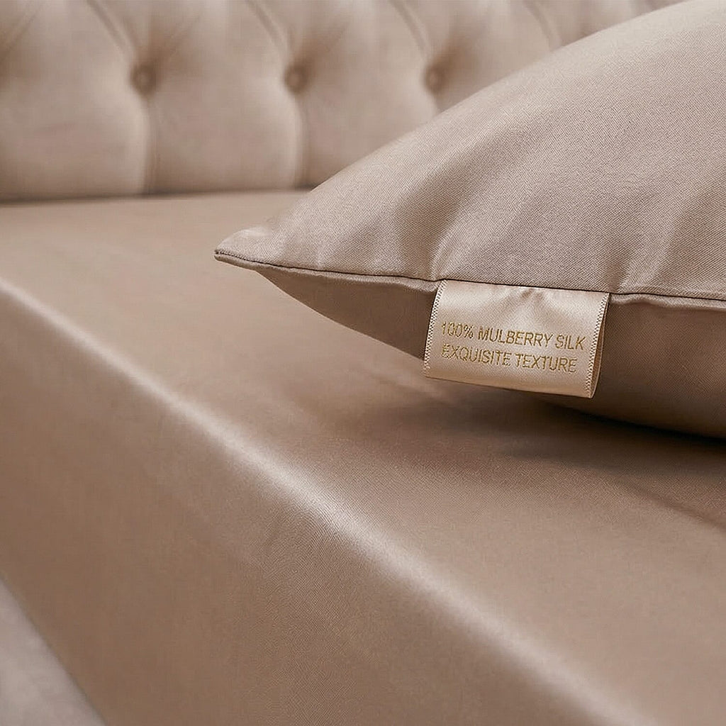 Hush Haven 4-Piece 100% Mulberry Silk Bedding Set includes - Flat Sheet, Deep Fitted Sheet - 2pc Mother of Pearl Button Pillowcases (King, 275 x 275cm) - Grey