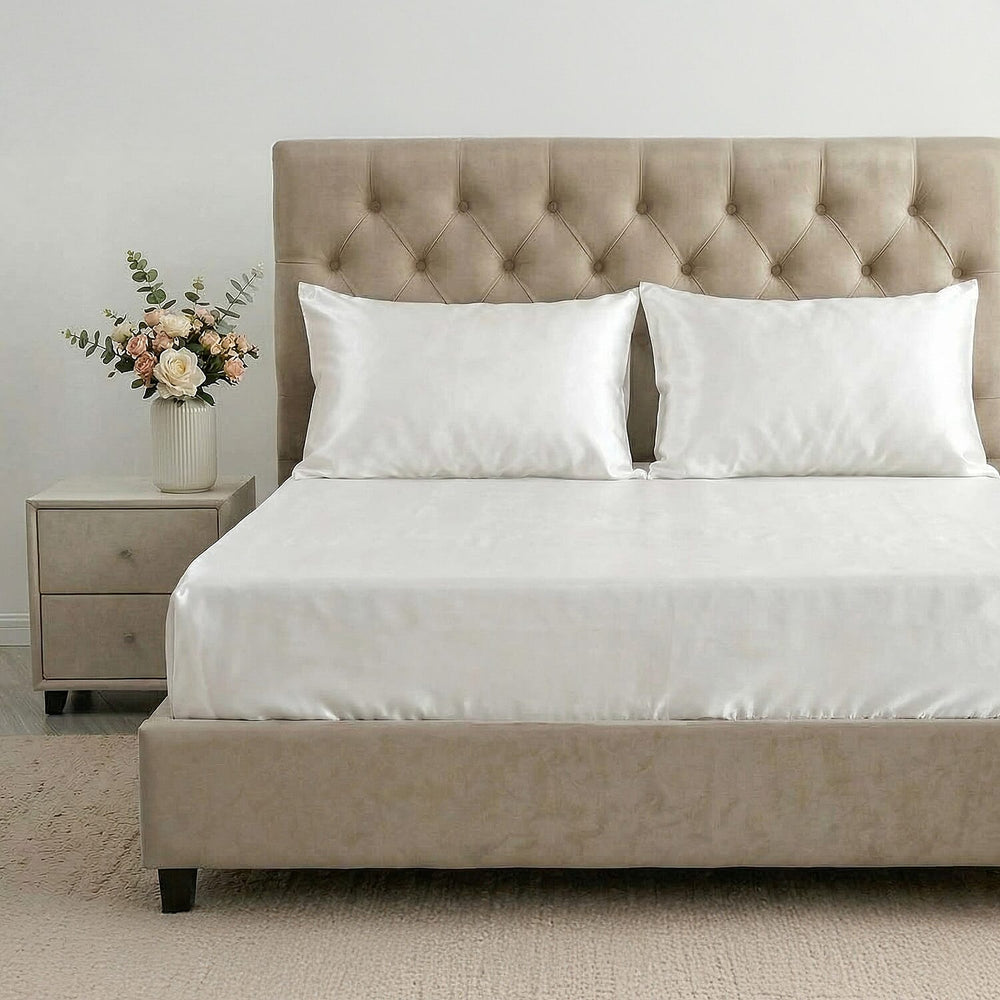 Hush Haven 4-Piece 100% Mulberry Silk Bedding Set includes - Flat Sheet, Deep Fitted Sheet - 2pc Mother of Pearl Button Pillowcases (230 x 275cm) - Ivory