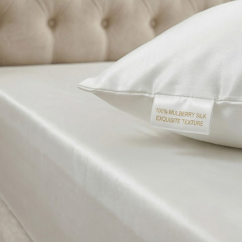 Hush Haven 4-Piece 100% Mulberry Silk Bedding Set includes - Flat Sheet, Deep Fitted Sheet - 2pc Mother of Pearl Button Pillowcases (230 x 275cm) - Ivory