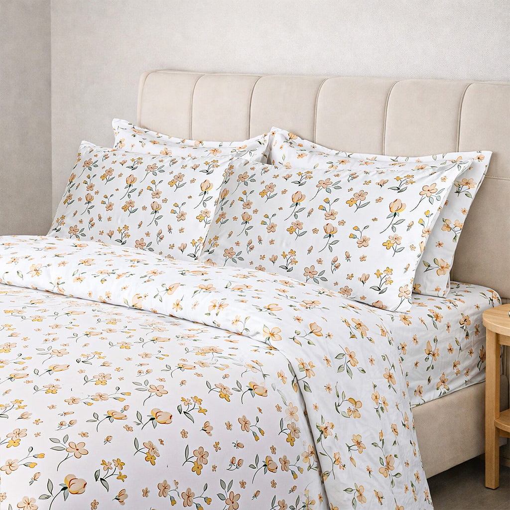 Hush Haven 6-Piece Floral Digital Print Duvet Set - inc. Reversible Quilt Cover, Fitted Sheet, 2 Housewife Pillowcases and 2 Oxford Pillowcases (200 x 200cm) - White - Porange