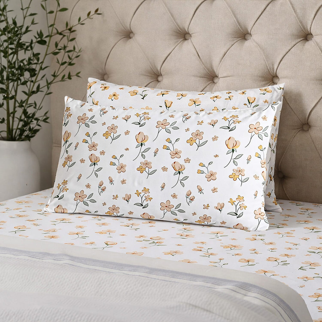Hush Haven 6-Piece Floral Digital Print Duvet Set - inc. Reversible Quilt Cover, Fitted Sheet, 2 Housewife Pillowcases and 2 Oxford Pillowcases (200 x 200cm) - White - Porange