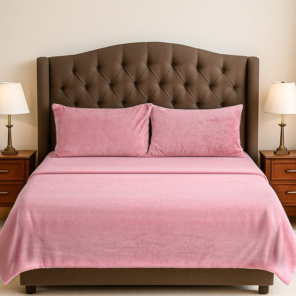 Hush Haven 4 Piece Luxury Teddy Fleece Duvet Cover Set - Inc. 1 Duvet Cover, 1 Fitted Sheet with 2 Pillowcases (Double) - Pink