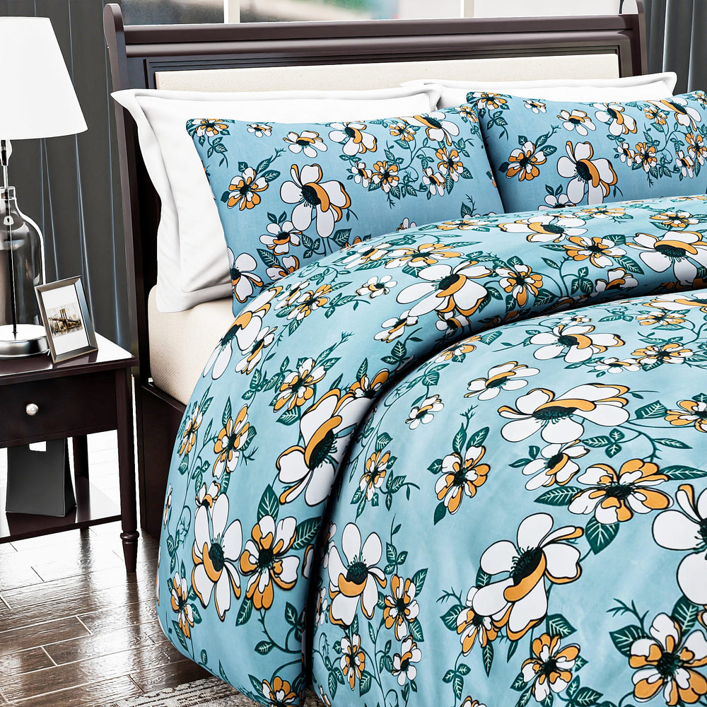 Hush Heaven 3-Piece Floral Print Duvet Set with Pillow Covers - Storage Bag (Size King) - Blue