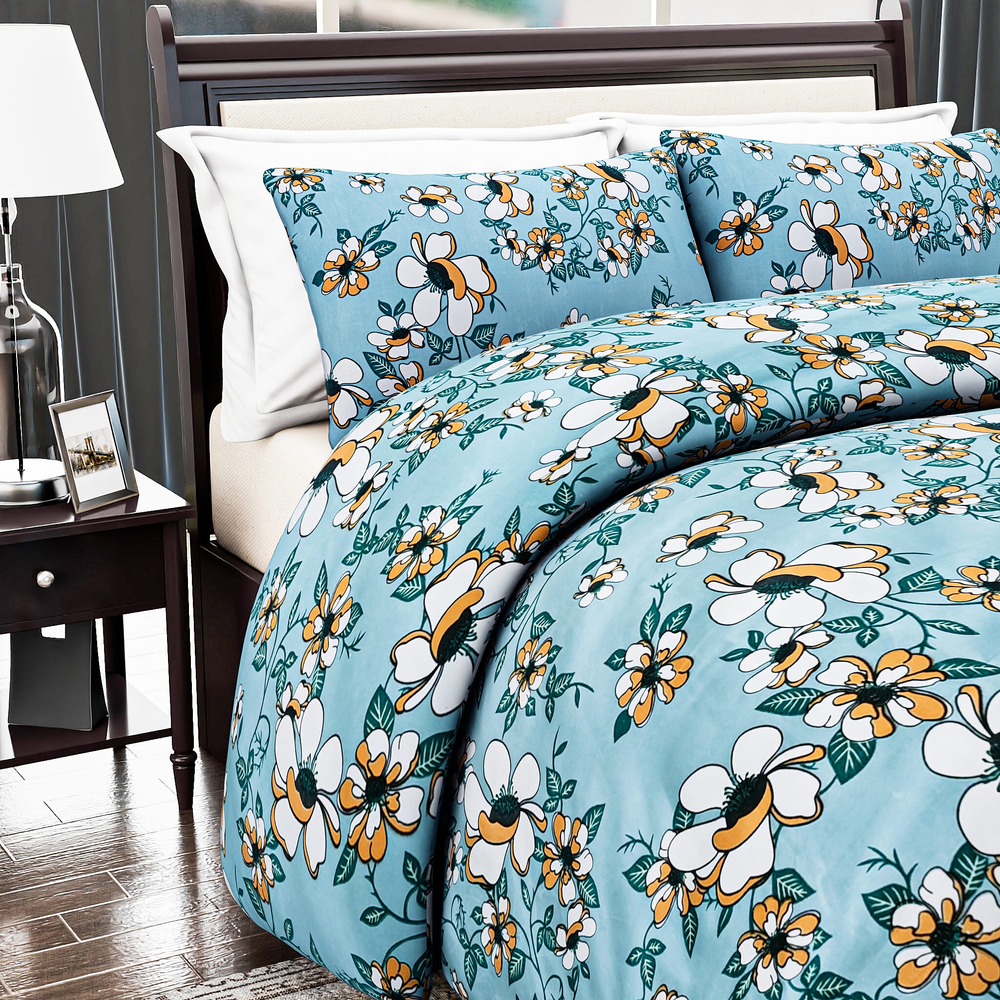 Hush Heaven 3-Piece Floral Print Duvet Set with Pillow Covers - Storage Bag (Size King) - Blue