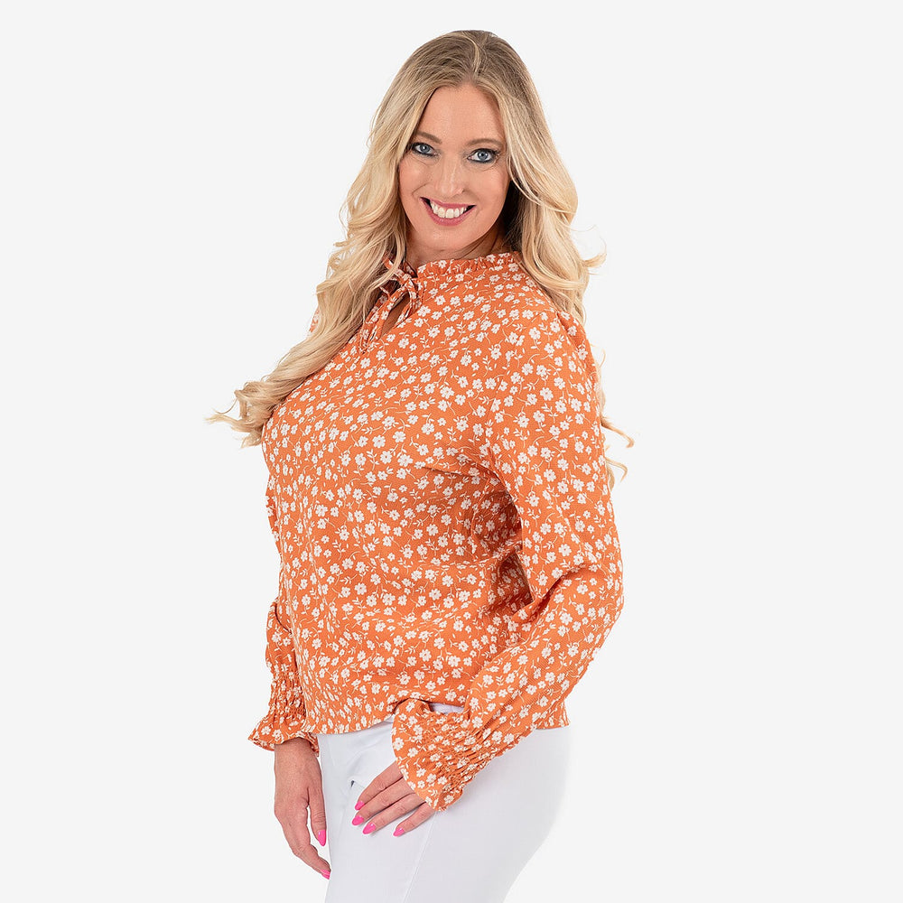 Frill Collar Long Sleeve Printed Top (Size - 12) - Orange