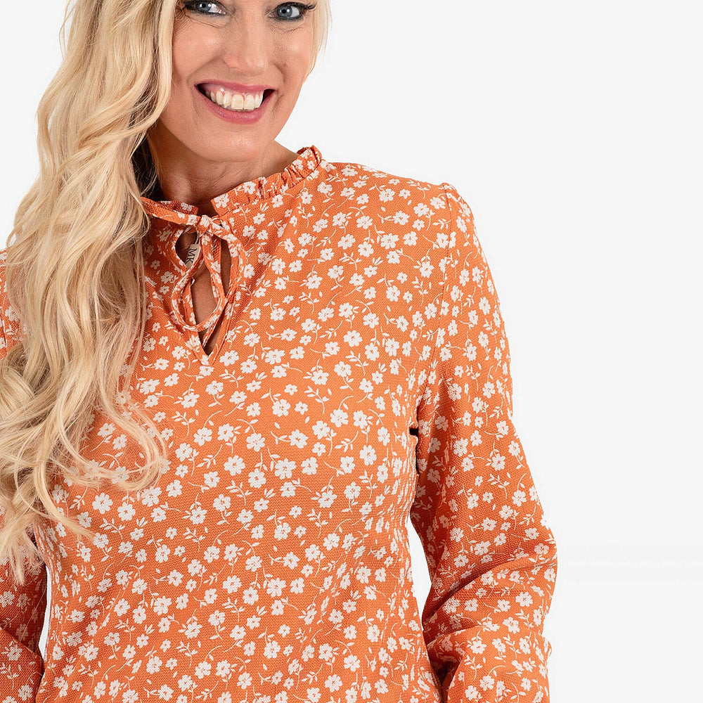 Frill Collar Long Sleeve Printed Top (Size - 12) - Orange