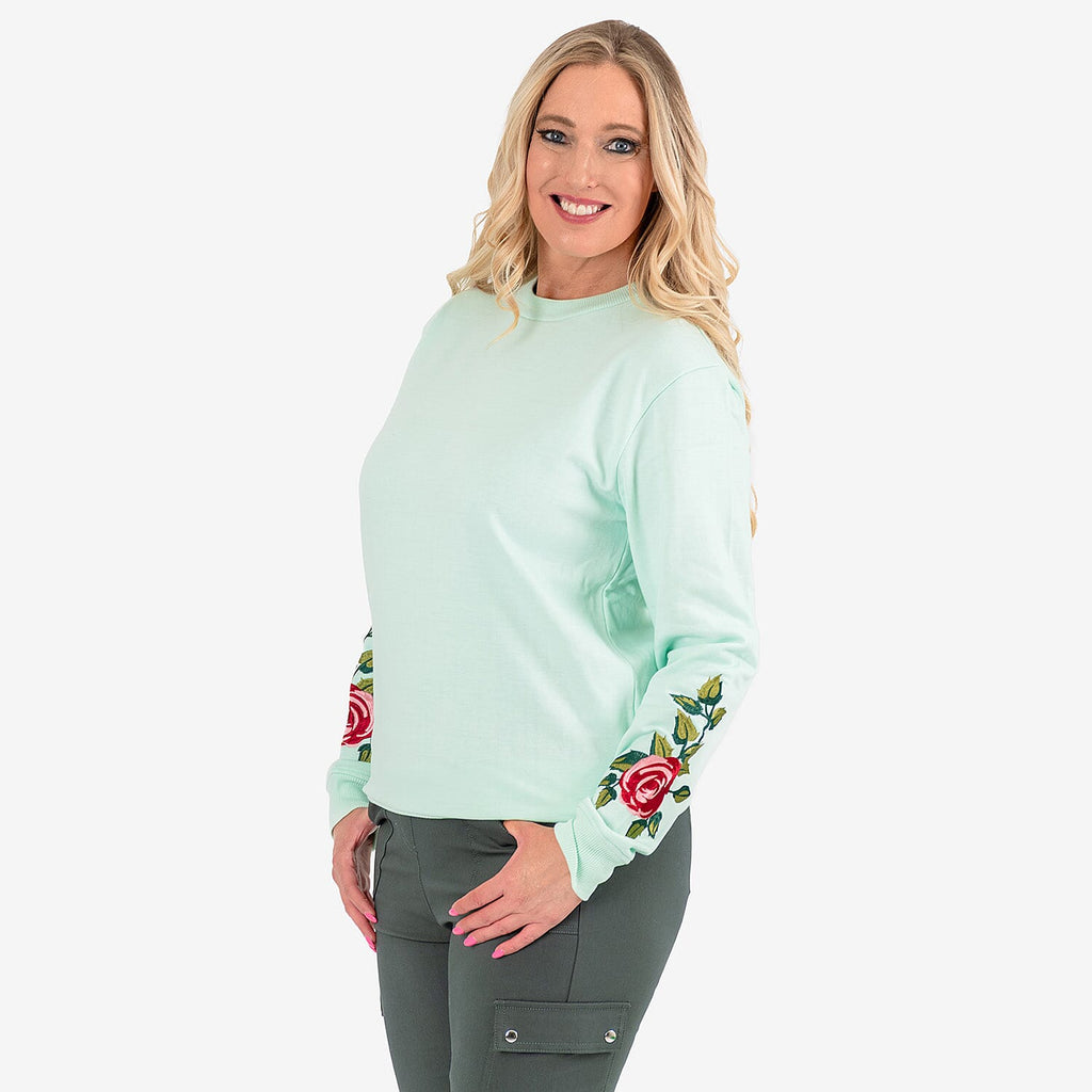 Women’s Cotton Sweatshirt with Floral Embroidered Sleeves