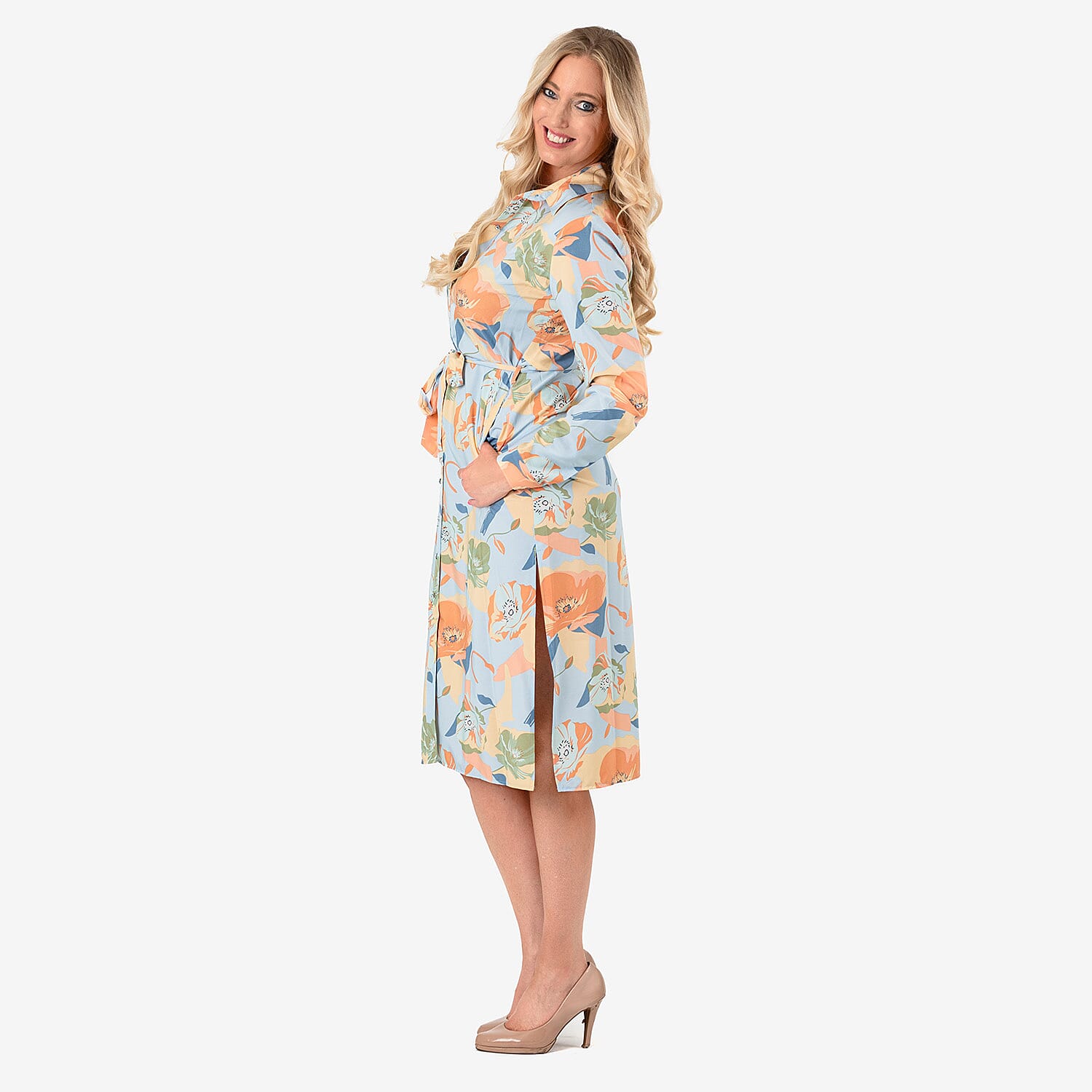 Closeout Deal - Floral Printed Belted Dress (Size - 12) - Pink