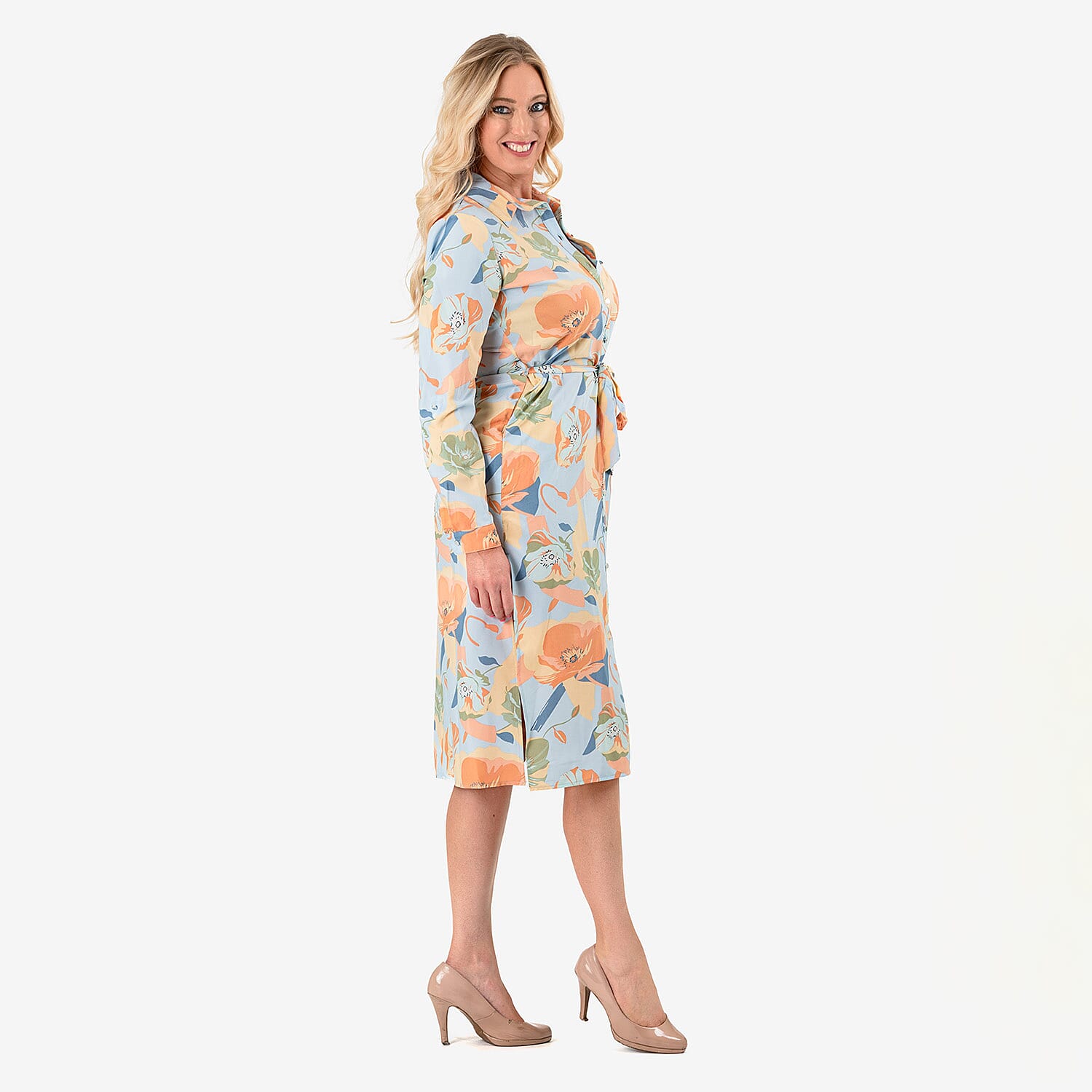Closeout Deal - Floral Printed Belted Dress (Size - 12) - Pink