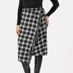 Check Pattern Asymmetric Hem Midi Skirt (Size M) - Black
