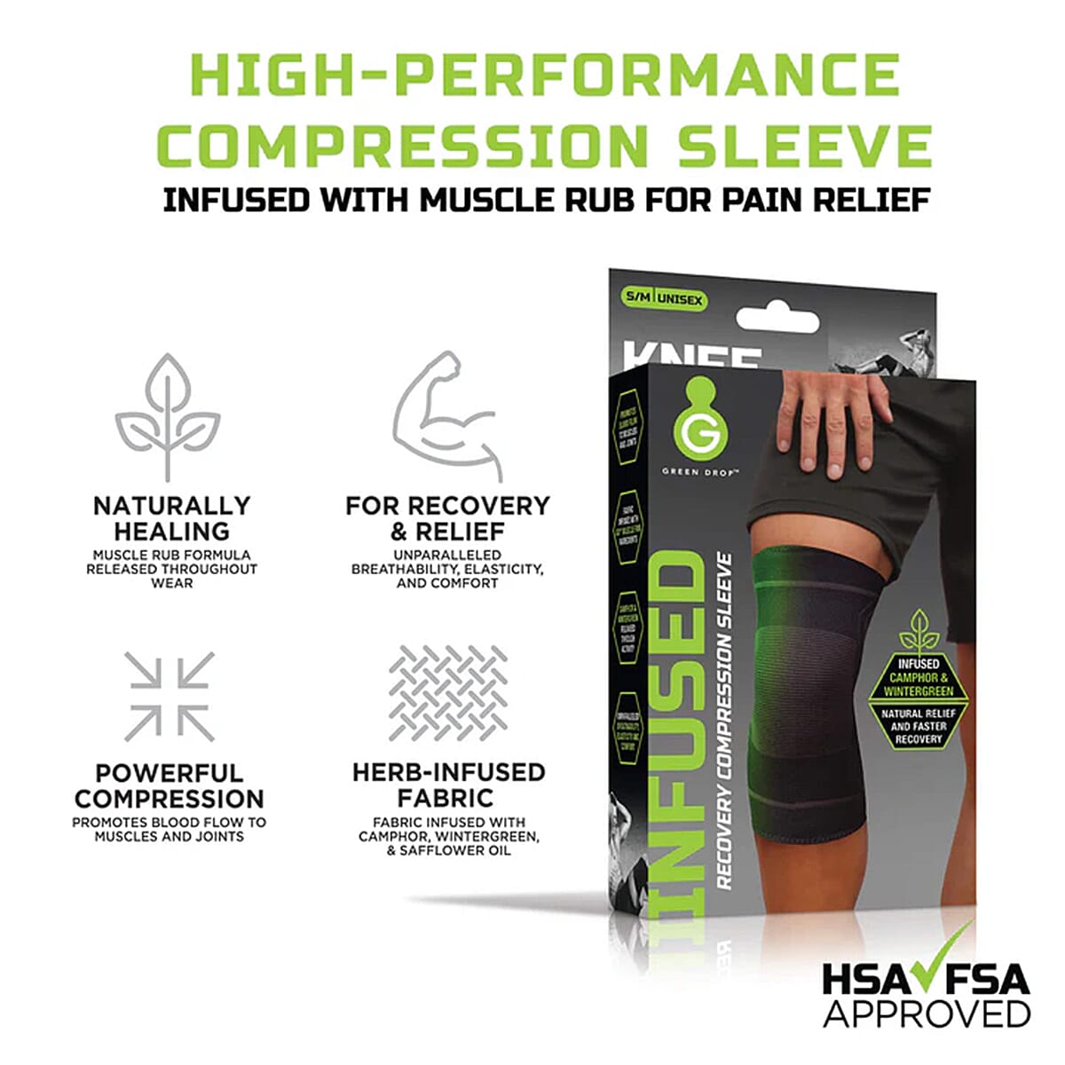 Green Drop Knee Compression Sleeve (Size - L-XL, 40-48cm) - Black