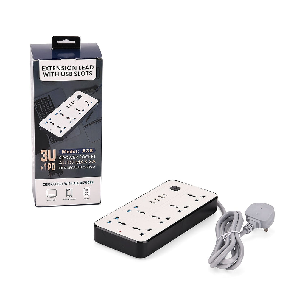 EVERY HOME MUST HAVE -- Multi-Functional 6 plug Socket with 3 USB Port and a type C port- 2 meter Cable (220-250V) - White