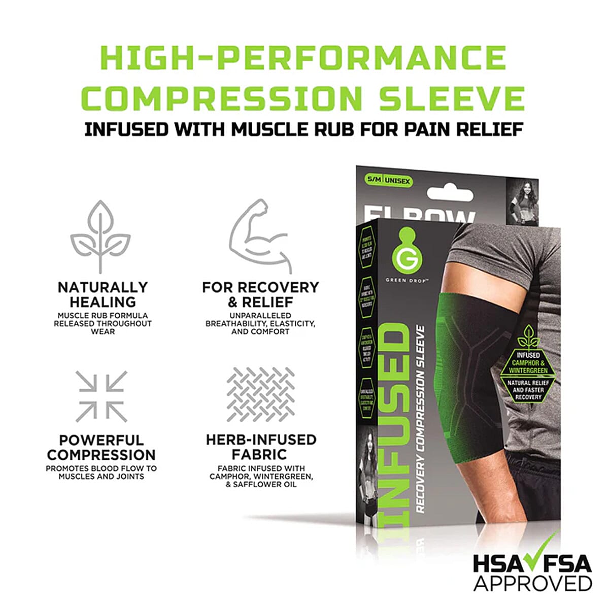 Green Drop Elbow Compression Sleeve (Size - S-M, 20-30cm) - Black