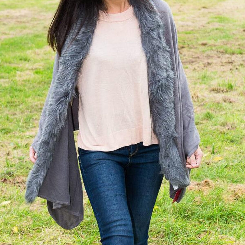 Ladies Faux Fur Wool Blend Shawl Wrap (One Size) - Grey