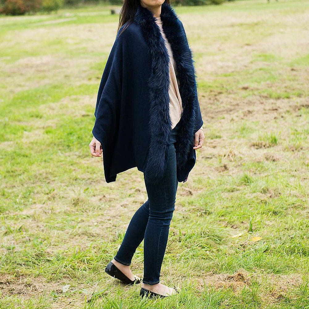 Ladies Faux Fur Wool Blend Shawl Wrap (One Size) - Navy