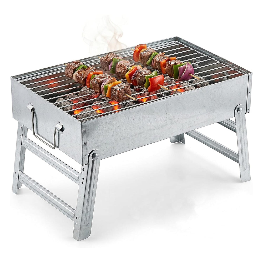 Portable Folding Outdoor Charcoal BBQ Grill - Silver