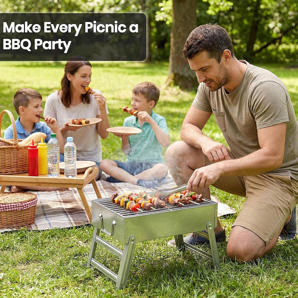 Portable Folding Outdoor Charcoal BBQ Grill - Silver