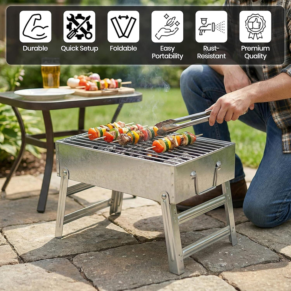 Portable Folding Outdoor Charcoal BBQ Grill - Silver