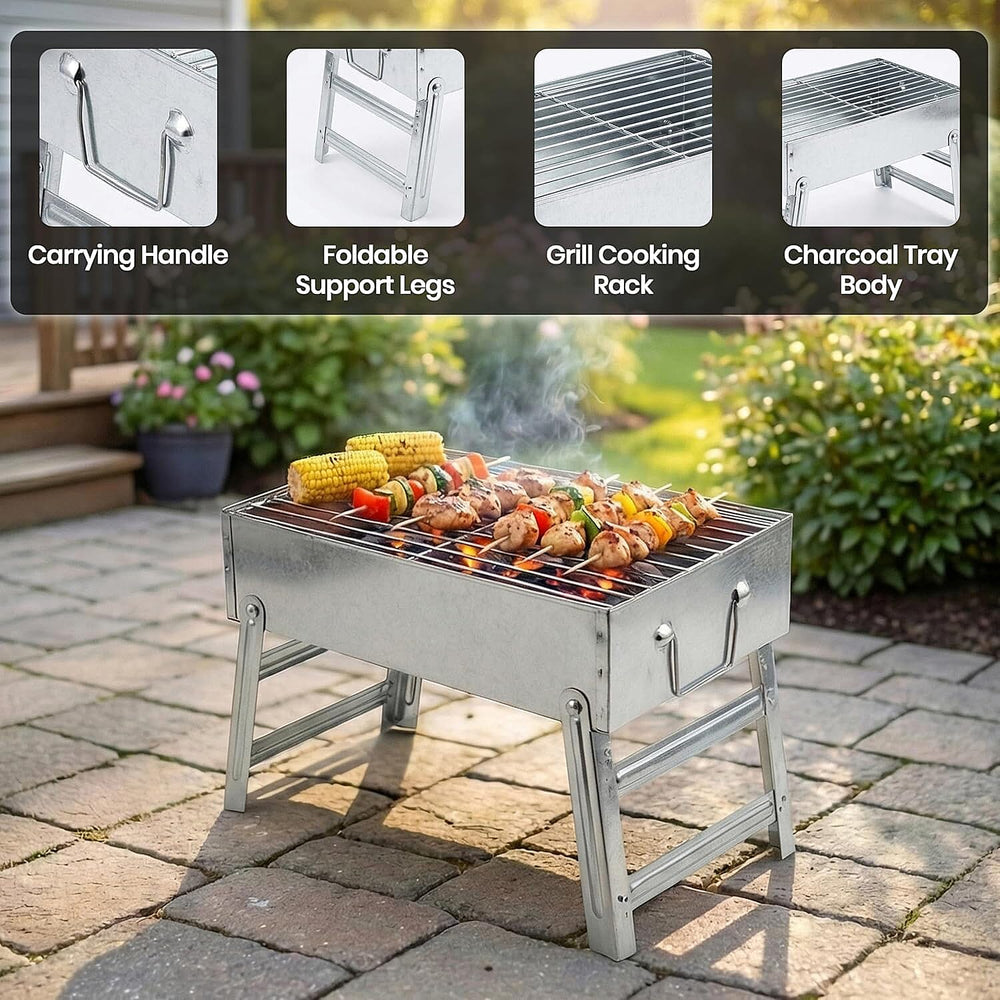 Portable Folding Outdoor Charcoal BBQ Grill - Silver