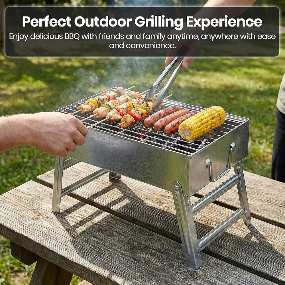 Portable Folding Outdoor Charcoal BBQ Grill - Silver