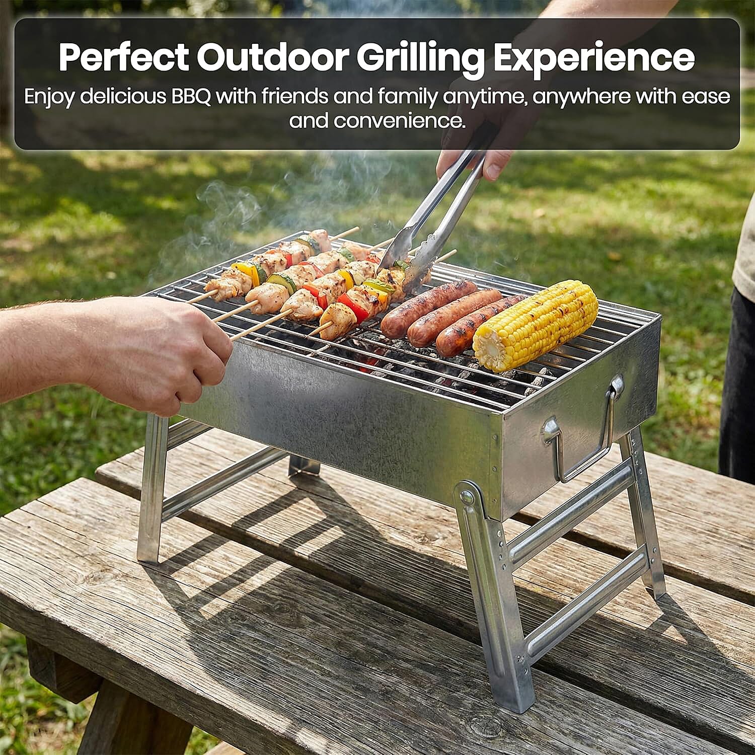 Portable Folding Outdoor Charcoal BBQ Grill - Silver