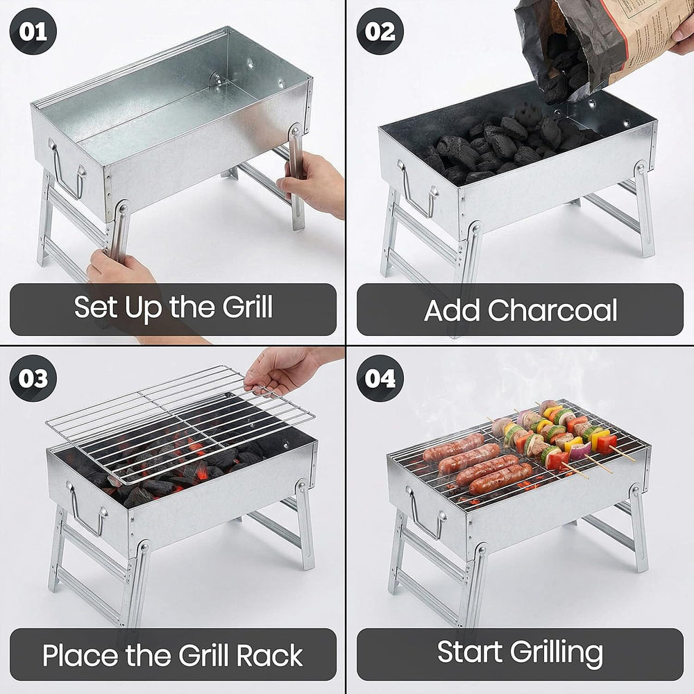 Portable Folding Outdoor Charcoal BBQ Grill - Silver