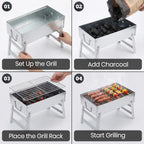 Portable Folding Outdoor Charcoal BBQ Grill - Silver