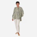 Floral - Leaf Print Tie-Neck Ruffle Blouse (Size 10) - Black with White - Green Flowers