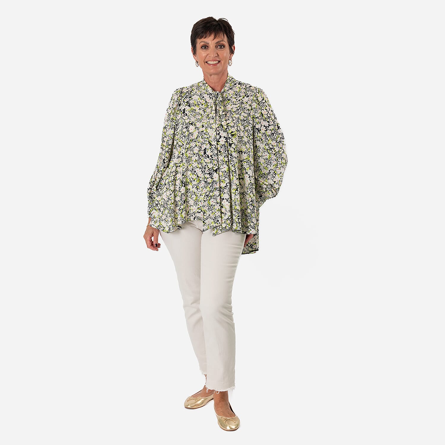 Floral - Leaf Print Tie-Neck Ruffle Blouse (Size 10) - Black with White - Green Flowers