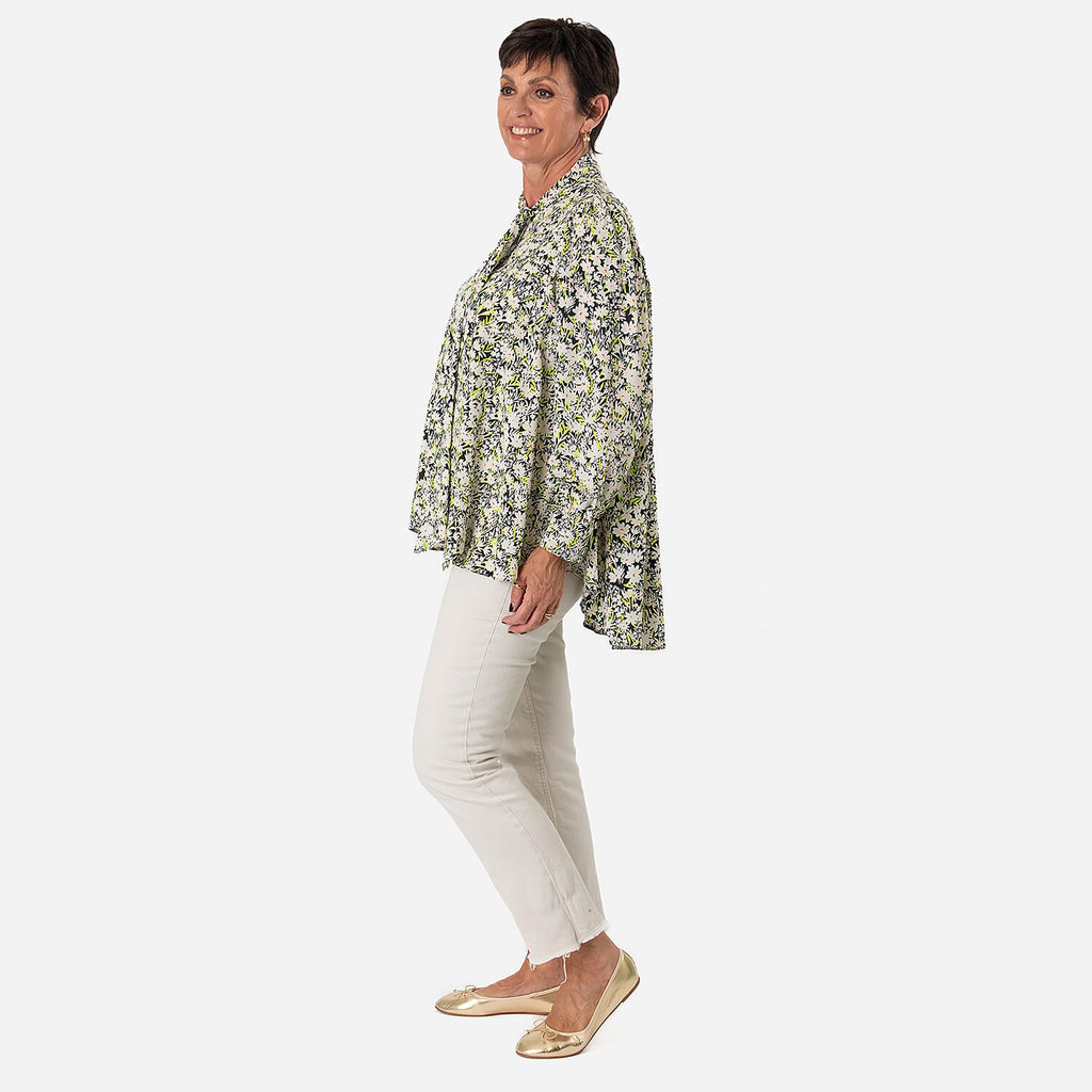 Floral - Leaf Print Tie-Neck Ruffle Blouse (Size 10) - Black with White - Green Flowers