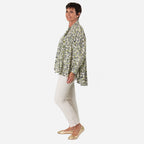 Floral - Leaf Print Tie-Neck Ruffle Blouse (Size 10) - Black with White - Green Flowers