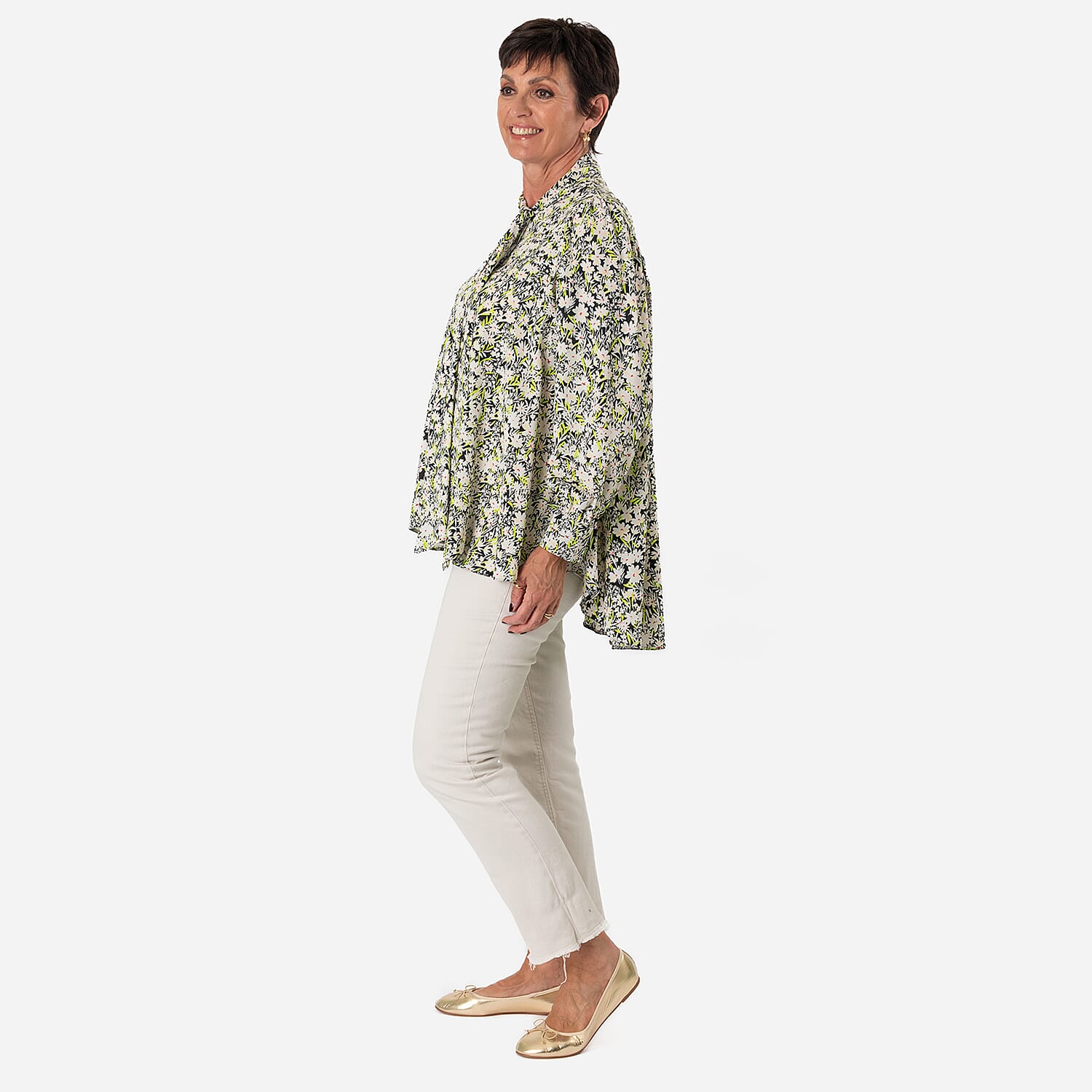 Floral - Leaf Print Tie-Neck Ruffle Blouse (Size 10) - Black with White - Green Flowers