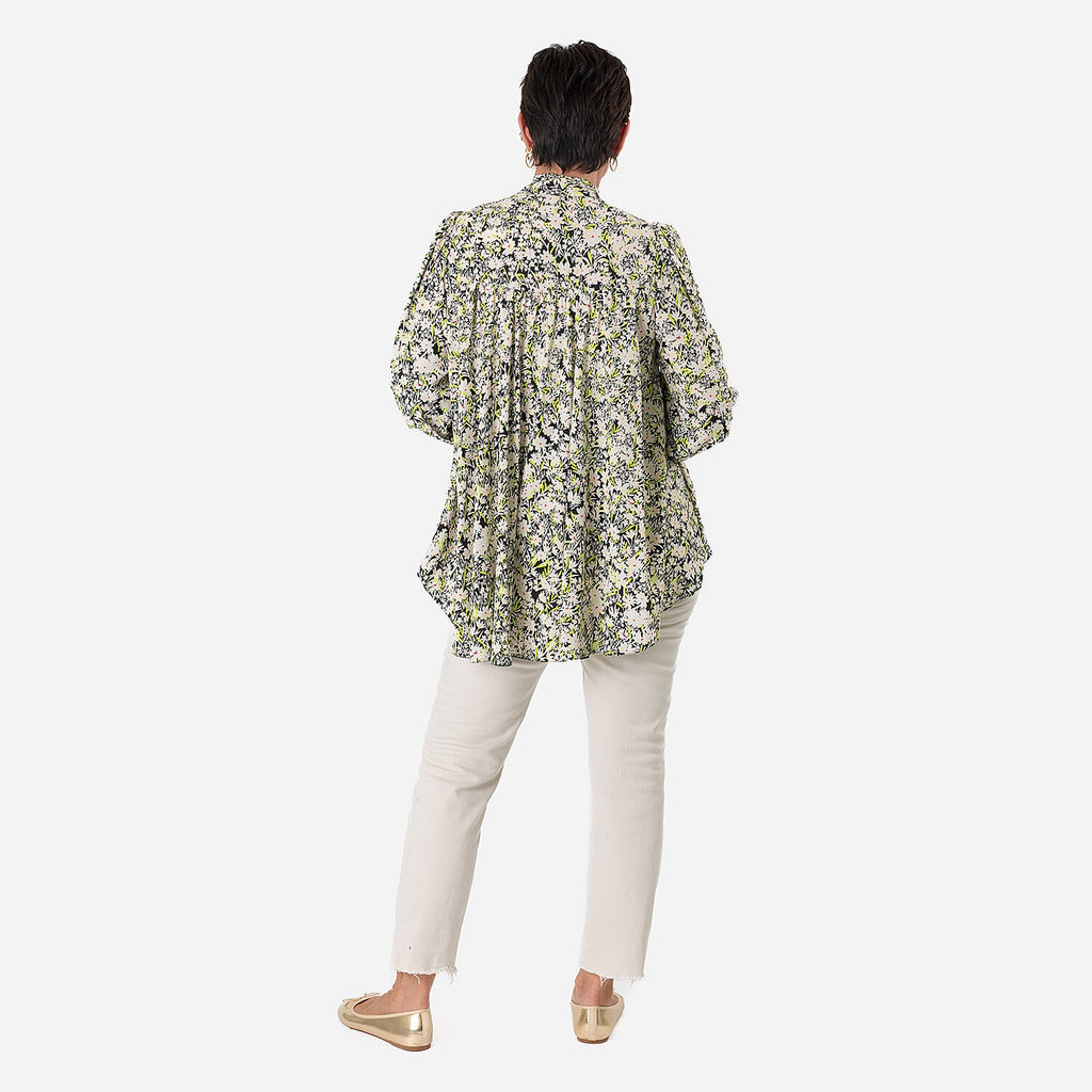 Floral - Leaf Print Tie-Neck Ruffle Blouse (Size 10) - Black with White - Green Flowers