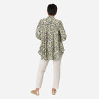 Floral - Leaf Print Tie-Neck Ruffle Blouse (Size 10) - Black with White - Green Flowers