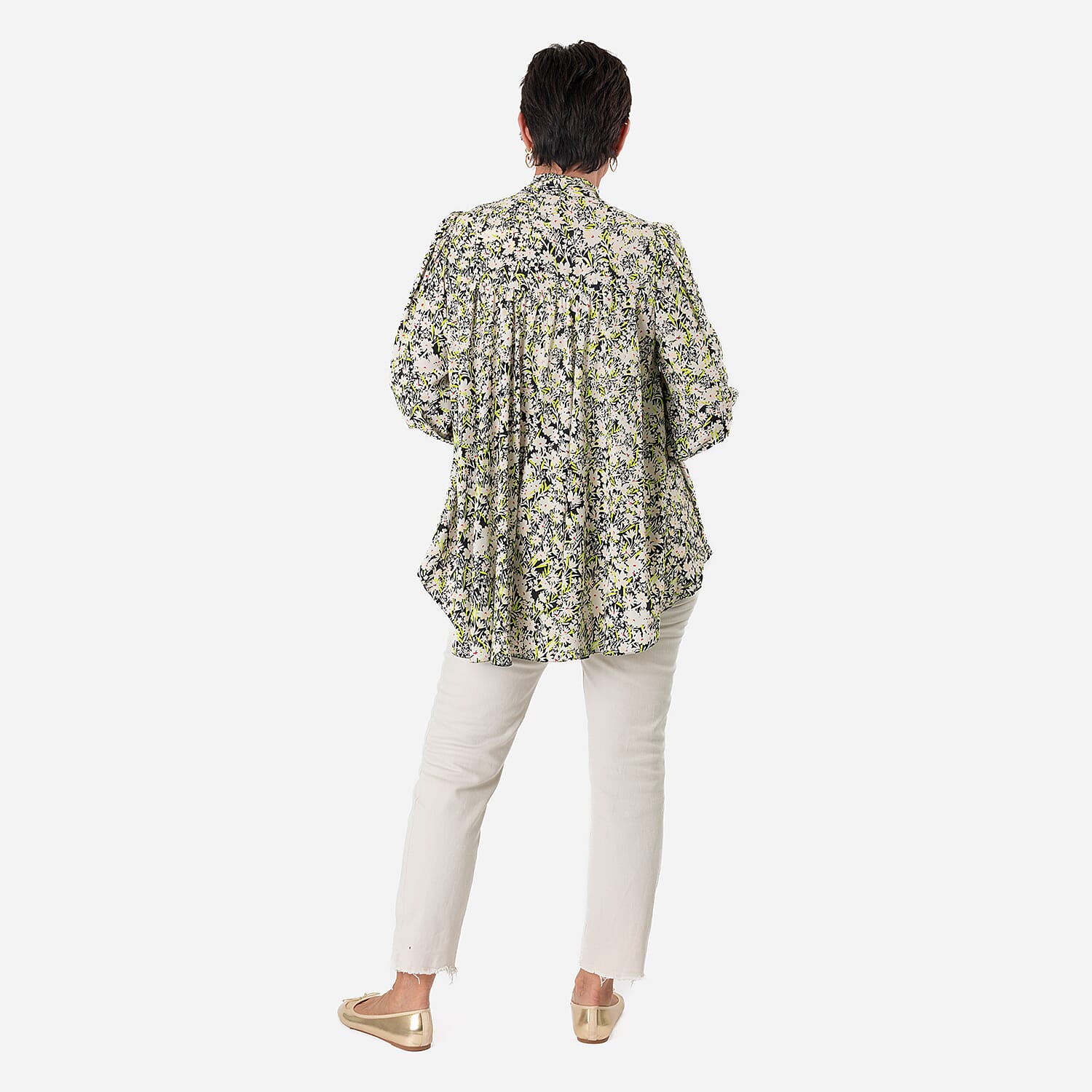 Floral - Leaf Print Tie-Neck Ruffle Blouse (Size 10) - Black with White - Green Flowers