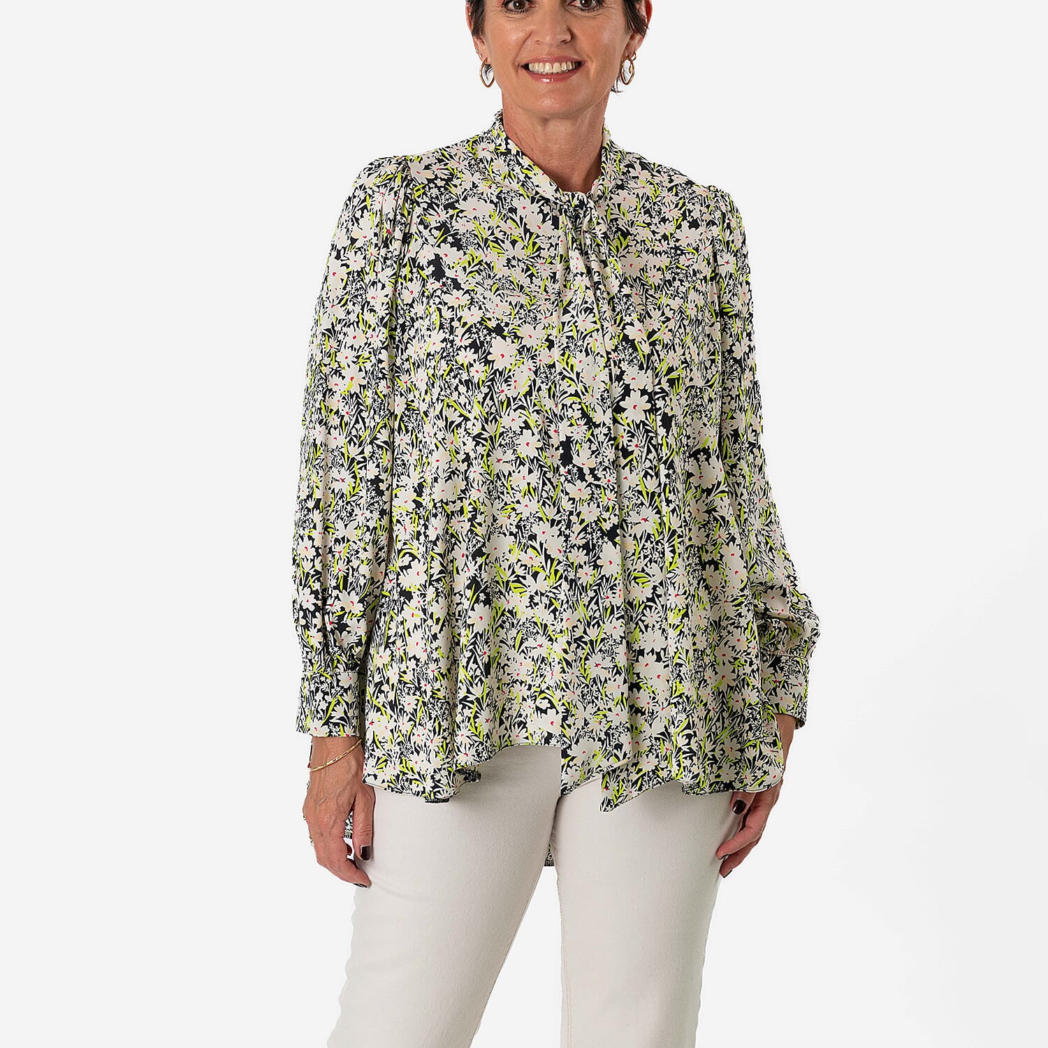 Floral - Leaf Print Tie-Neck Ruffle Blouse (Size 10) - Black with White - Green Flowers