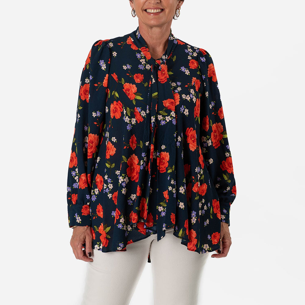 Floral Print Tie-Neck Ruffle Blouse (Size 10) - Navy