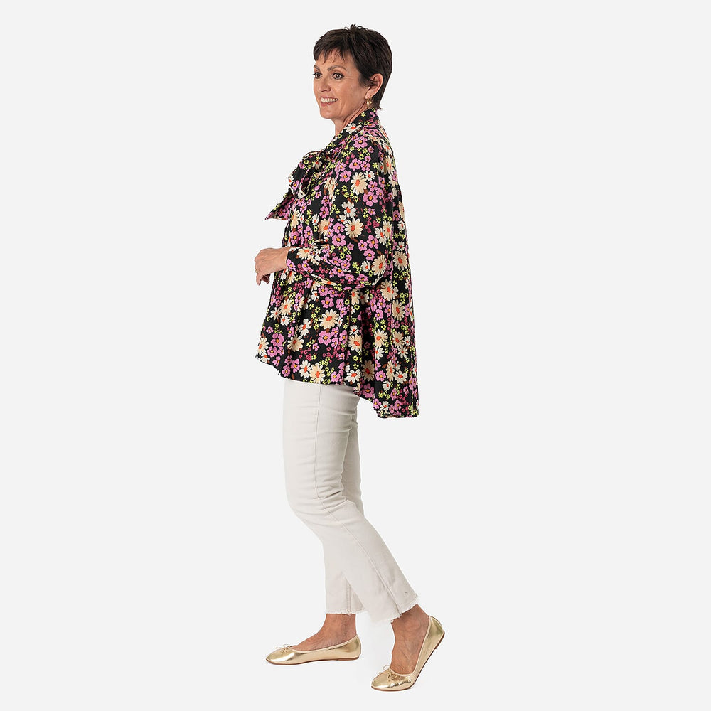 Floral Print Tie-Neck Ruffle Blouse (Size 16) - Black