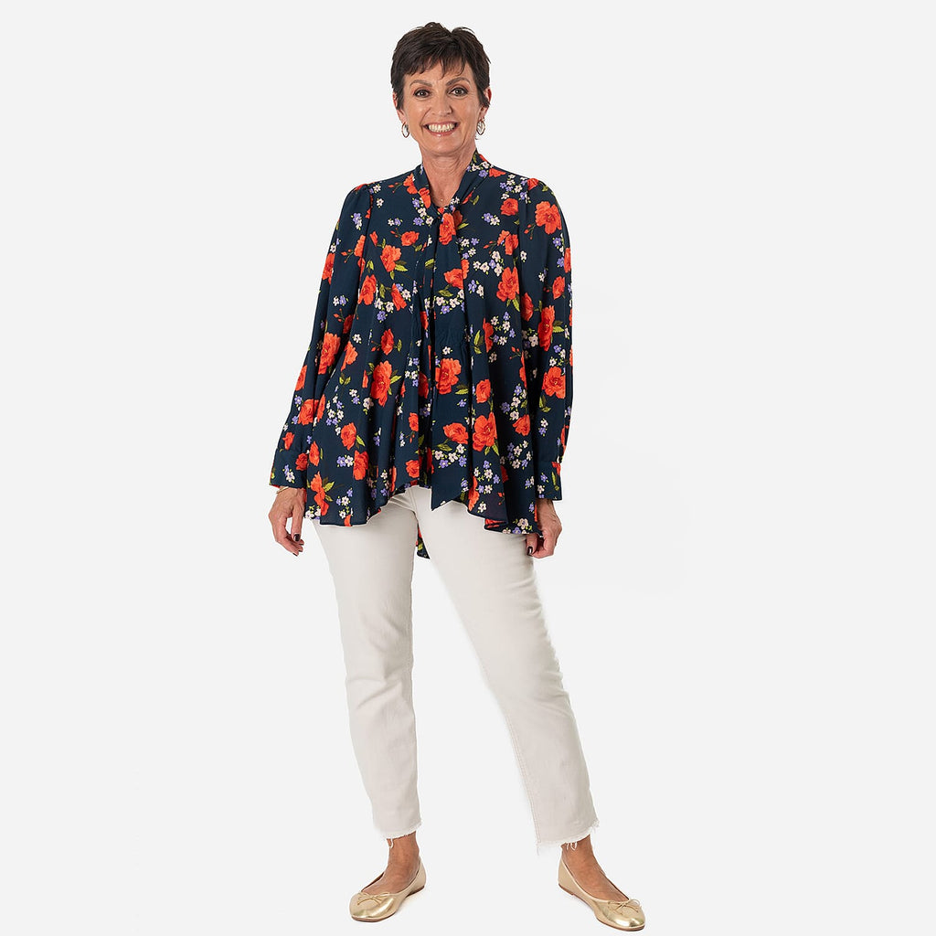 Floral Print Tie-Neck Ruffle Blouse (Size 16) - Navy