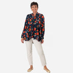 Floral Print Tie-Neck Ruffle Blouse (Size 16) - Navy