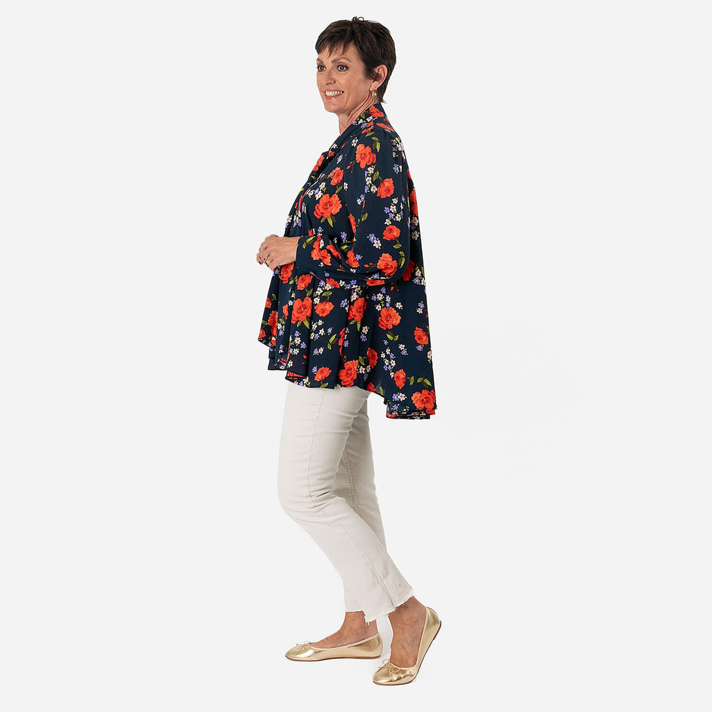 Floral Print Tie-Neck Ruffle Blouse (Size 16) - Navy