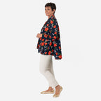 Floral Print Tie-Neck Ruffle Blouse (Size 16) - Navy