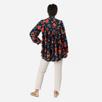 Floral Print Tie-Neck Ruffle Blouse (Size 16) - Navy