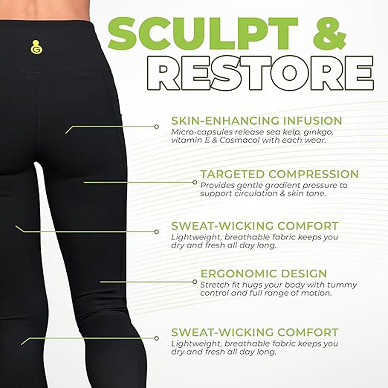 Green Drop Infused High Waist Leggings (Size L) - Black
