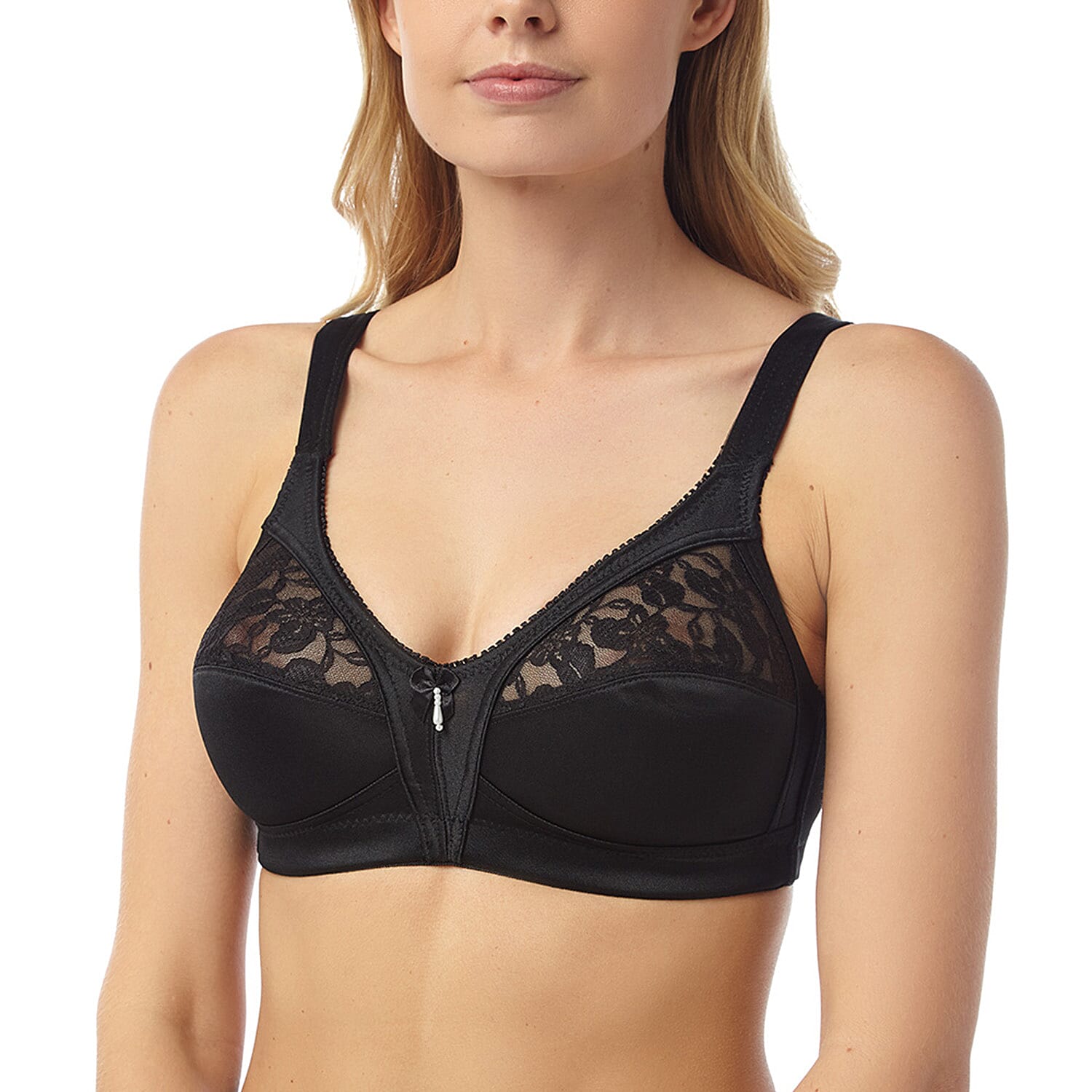 Marlon Soft Cup Satin Bra With Lace Panels, Deep Side Wings And Wide Elasticated Adjustable Straps (Size 38C) - Black