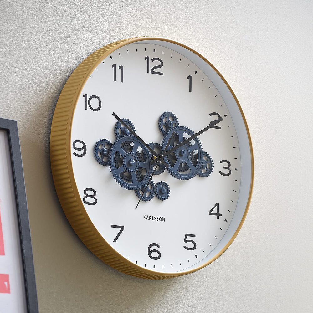 Present Time Open Gear Wall Clock - Ochre Yellow Rim with Dark Blue Gear Design
