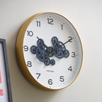 Present Time Open Gear Wall Clock - Ochre Yellow Rim with Dark Blue Gear Design