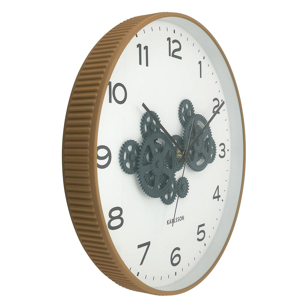 Present Time Open Gear Wall Clock - Ochre Yellow Rim with Dark Blue Gear Design